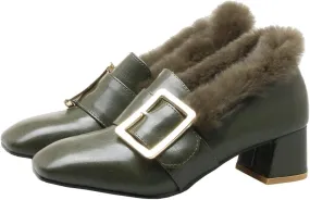MAVMAX Women's Furry Loafers Block Chunky Mid Heel Penny Loafer Pumps