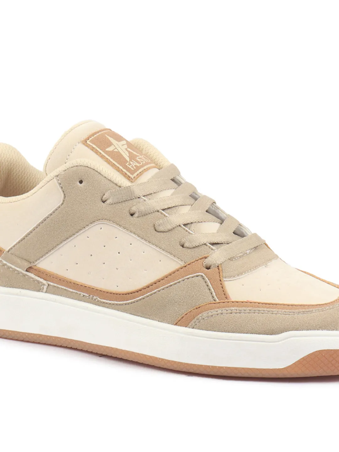 Men Beige Colorblocked Low Ankle Contrast Sole Lace Up Sneakers|Classic Combine Style Sneaker Shoes|Lace Up Casual Shoes