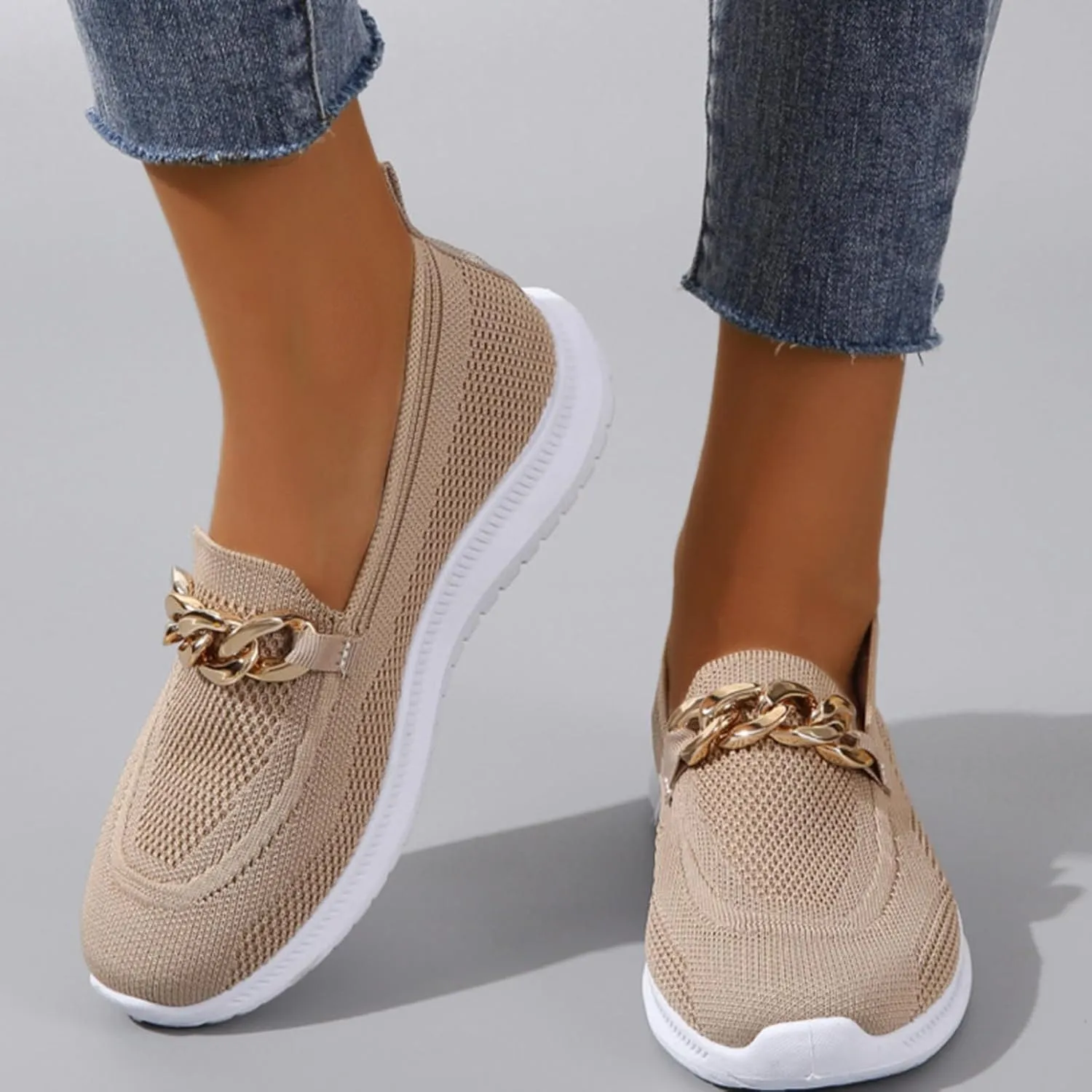 Orthopedic Slip-On Walking Shoes for Women, Comfort Loafers Wide Fit Knit Breathable Mesh Non-Slip Platform