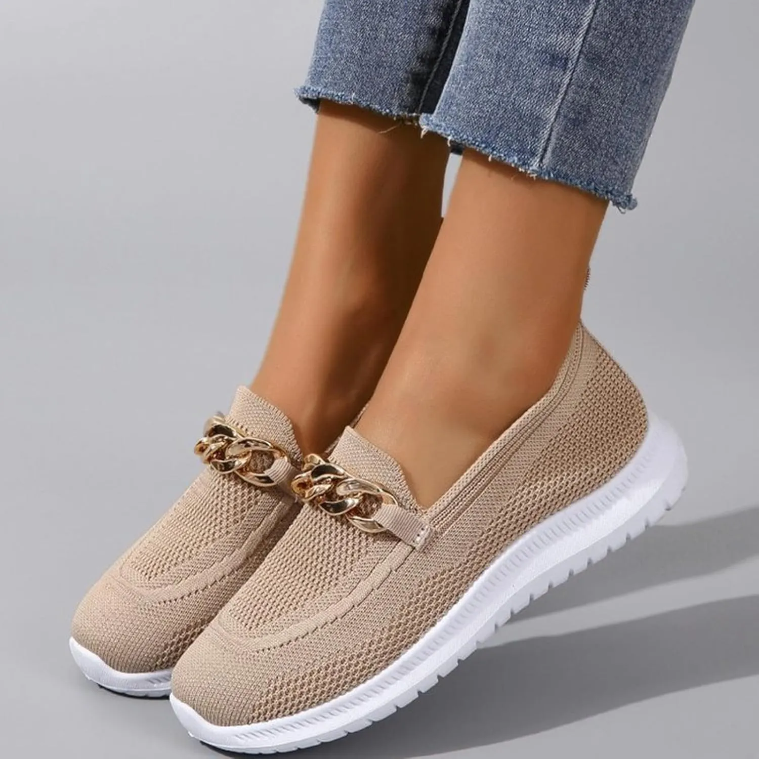 Orthopedic Slip-On Walking Shoes for Women, Comfort Loafers Wide Fit Knit Breathable Mesh Non-Slip Platform