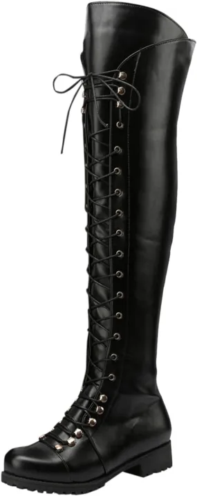 Over The Knee High Boots Lace up Flat Long Boot Winter PU Leather Riding Boot Fashion Buckle Knee High Combat Boots