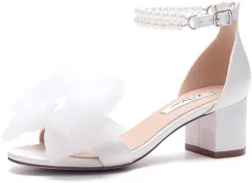 Pearl Heels Wedding Sandals with Bow Block Heel Wedding Shoes for Bride Bridal Heels