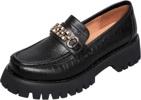 Platform Loafers for Women Leather, Slip On Chunky Mid Heel Shoes