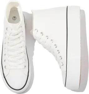 POVOGER Platform Sneakers for Women Fashion High Top Canvas Shoes White Womens Platform Shoes Casual Lace Up Mid Top Shoes
