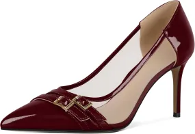 SAMMITOP High Heels Pumps for Women Closed Pointed Toe Slip On Stilettos Buckle Patent Mesh Dress Pump Shoes for Party Office 3.5 Inch