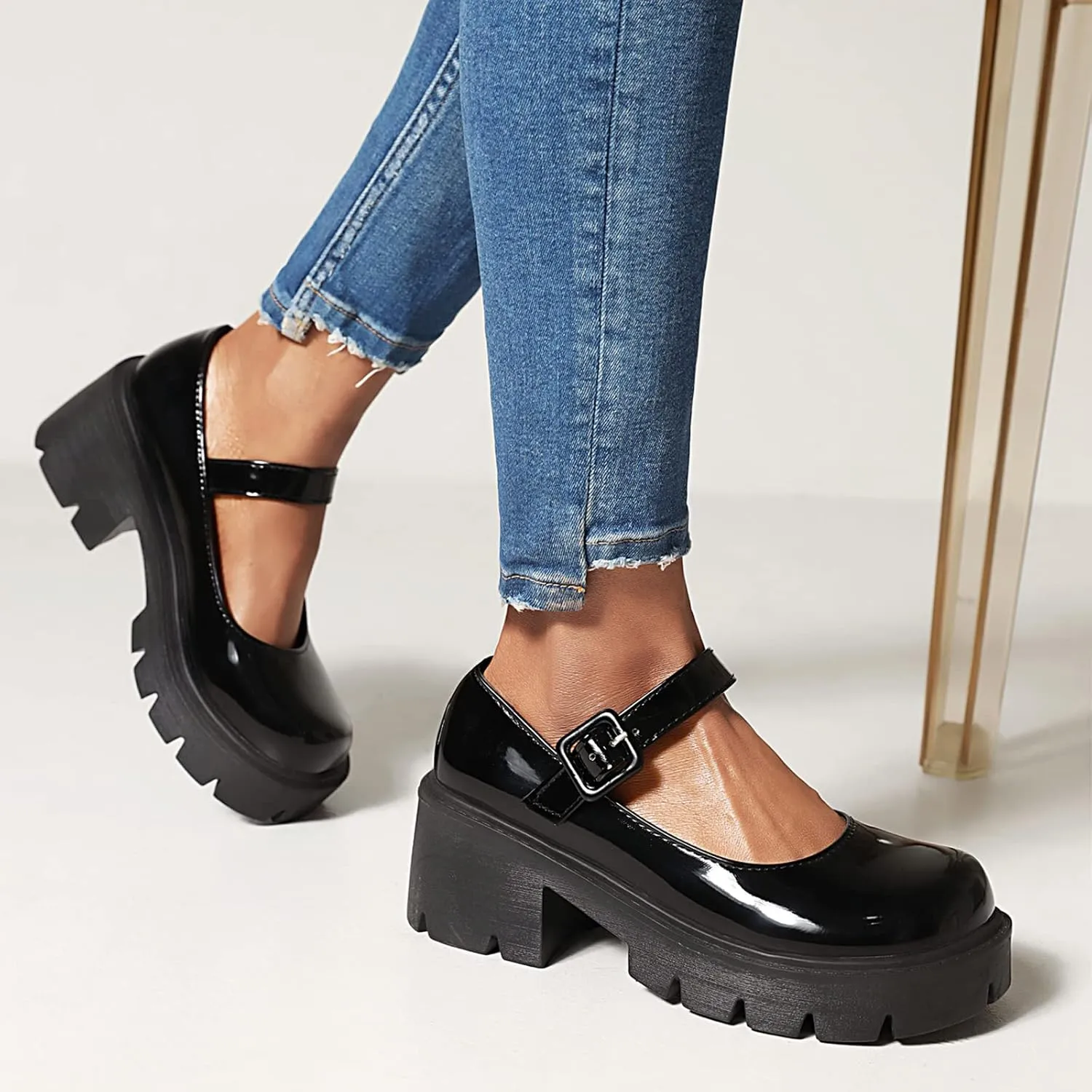 Sungtin Women Platform Shoes Chunky Mid Heel Marry Jane Shoes School Uniform Dress Shoes