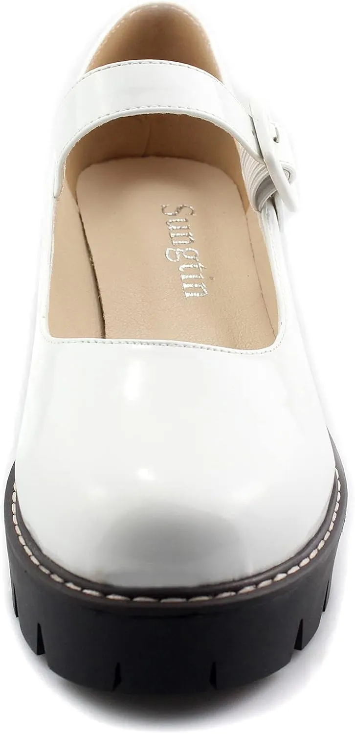 Sungtin Women Platform Shoes Chunky Mid Heel Marry Jane Shoes School Uniform Dress Shoes