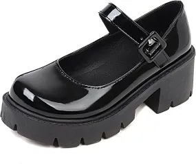 Sungtin Women Platform Shoes Chunky Mid Heel Marry Jane Shoes School Uniform Dress Shoes