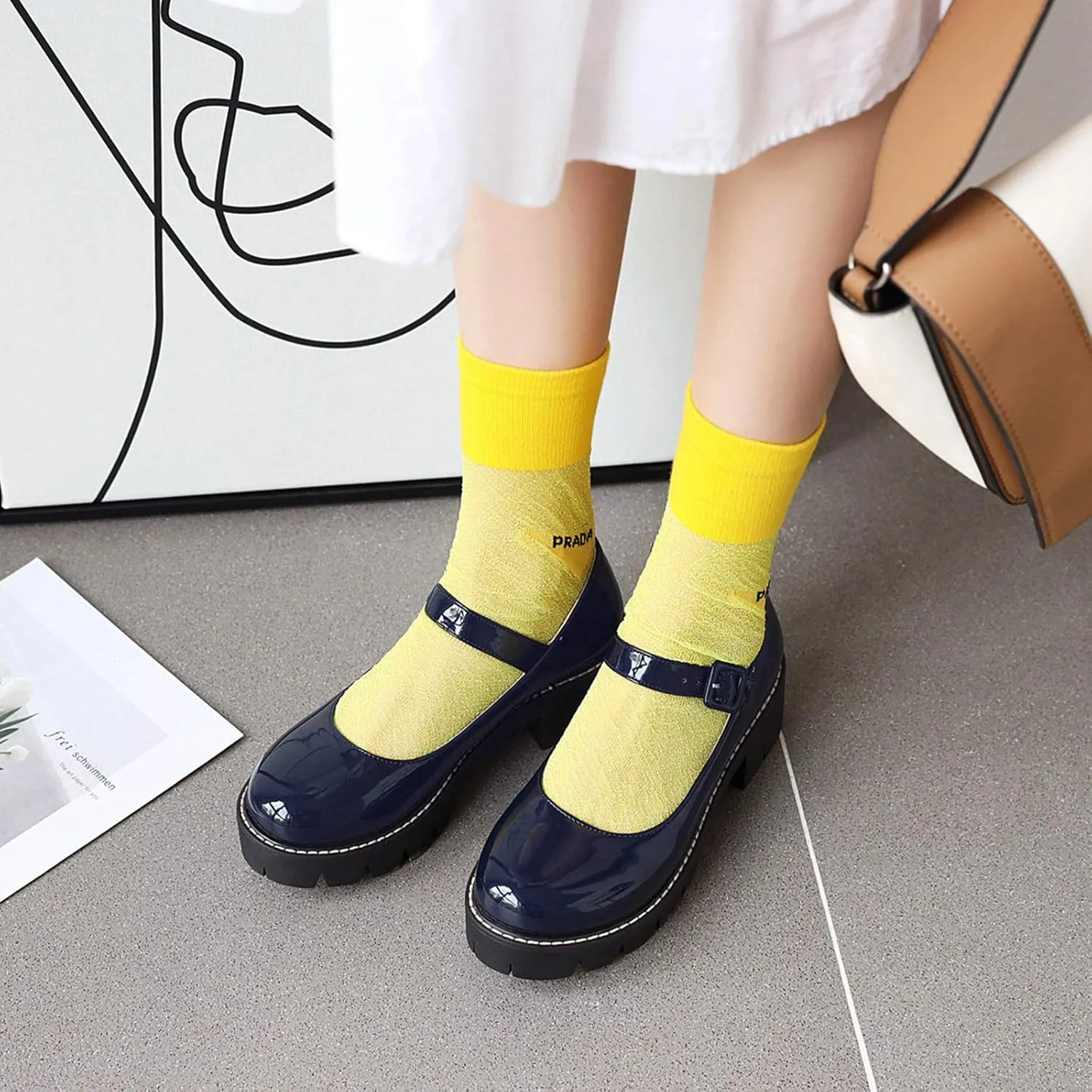 Sungtin Women Platform Shoes Chunky Mid Heel Marry Jane Shoes School Uniform Dress Shoes