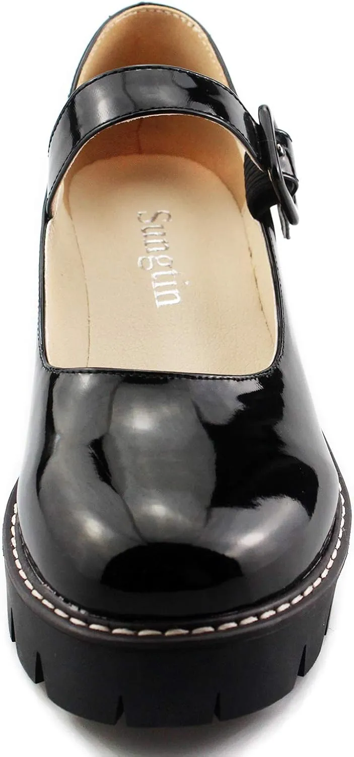 Sungtin Women Platform Shoes Chunky Mid Heel Marry Jane Shoes School Uniform Dress Shoes