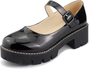 Sungtin Women Platform Shoes Chunky Mid Heel Marry Jane Shoes School Uniform Dress Shoes