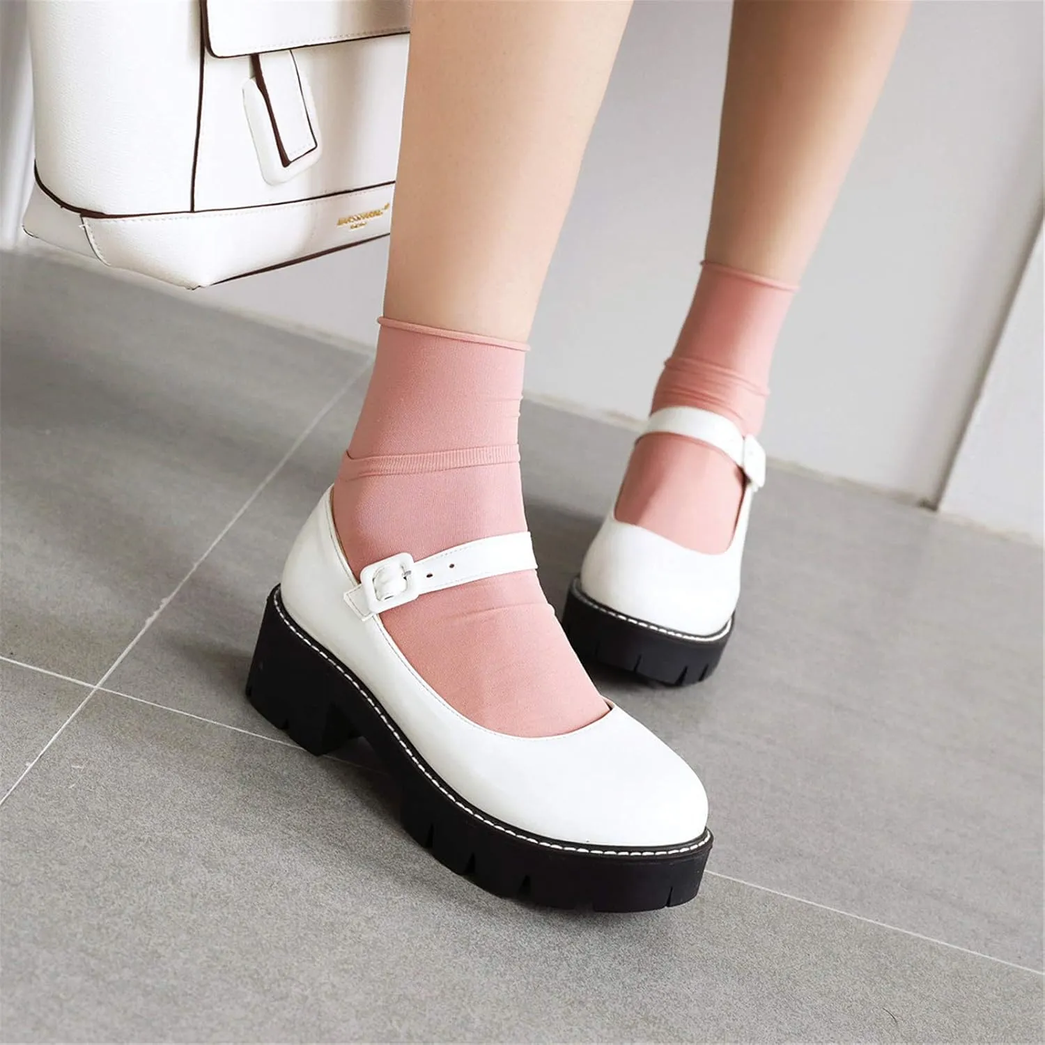 Sungtin Women Platform Shoes Chunky Mid Heel Marry Jane Shoes School Uniform Dress Shoes