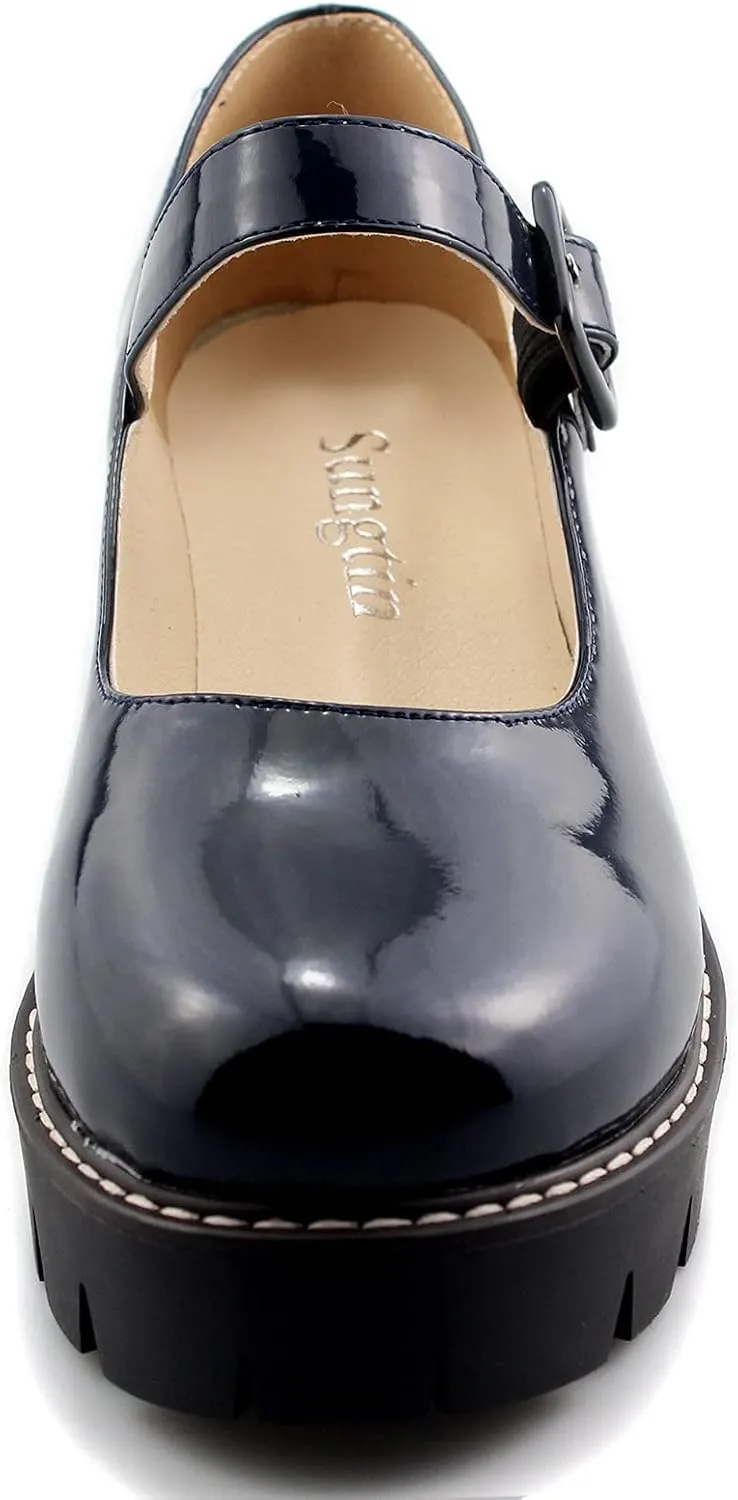 Sungtin Women Platform Shoes Chunky Mid Heel Marry Jane Shoes School Uniform Dress Shoes