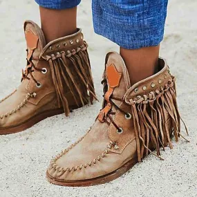 tassel womens flat heel suede boots
