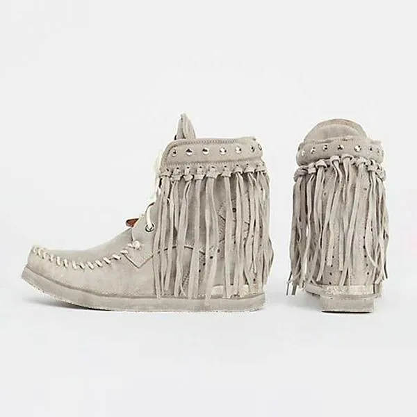 tassel womens flat heel suede boots