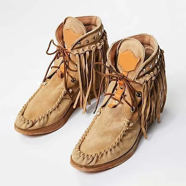 tassel womens flat heel suede boots