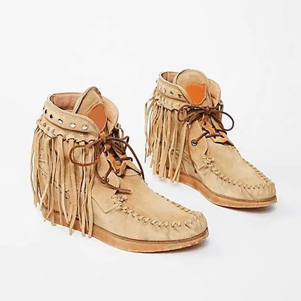 tassel womens flat heel suede boots