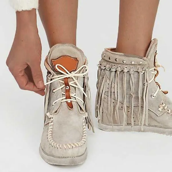 tassel womens flat heel suede boots
