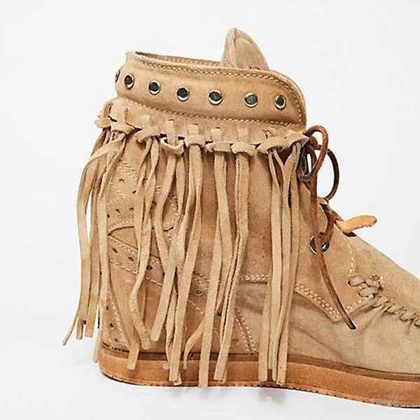 tassel womens flat heel suede boots