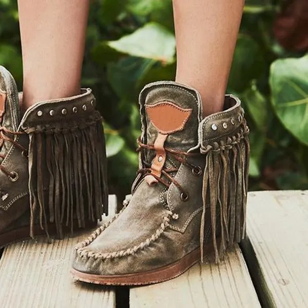 tassel womens flat heel suede boots