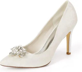 Wedding Bridal Shoes Women Pointed Toe Stiletto Heel Evening Party Pump Shoes with Rhinestone Buckle,Ivory,11