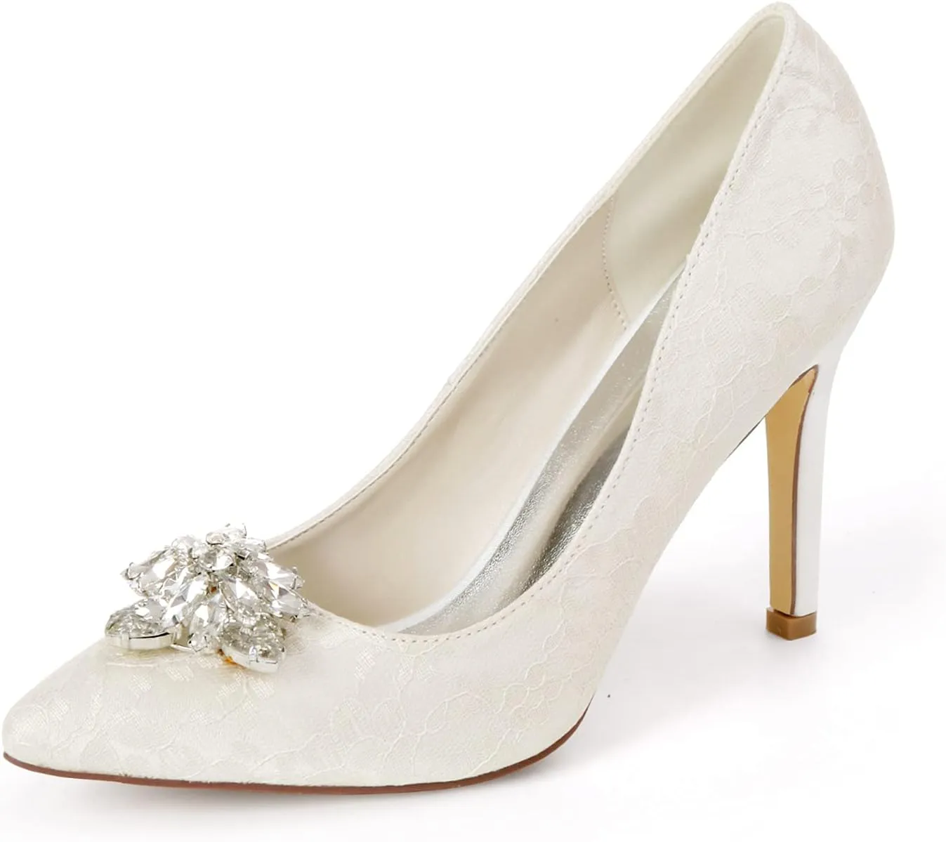 Wedding Bridal Shoes Women Pointed Toe Stiletto Heel Evening Party Pump Shoes with Rhinestone Buckle,Ivory,11