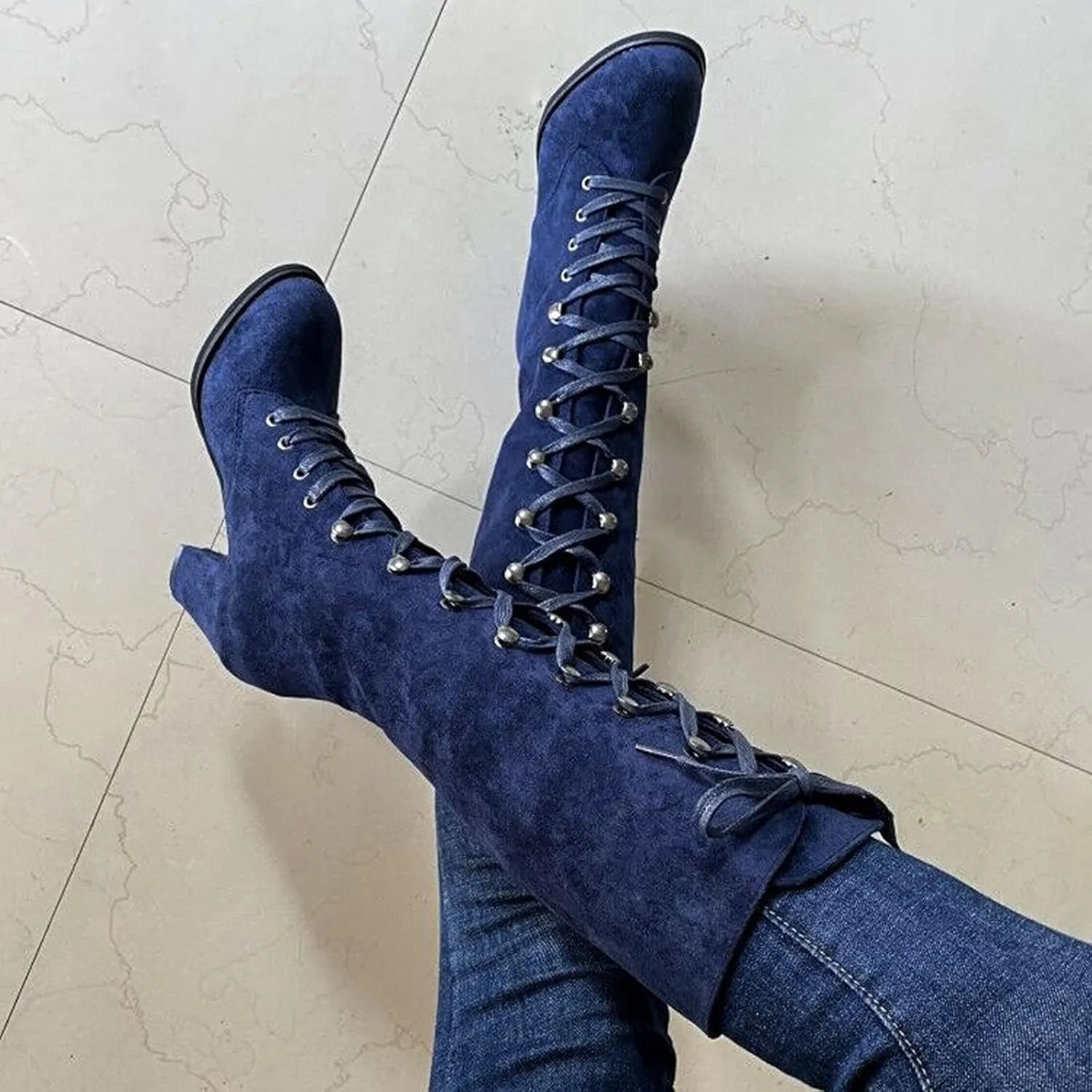 White Cowgirl Boots Retro Vintage Lace-Up Thigh High Boots Suede Low Chunky Heels Knee High Long Boots