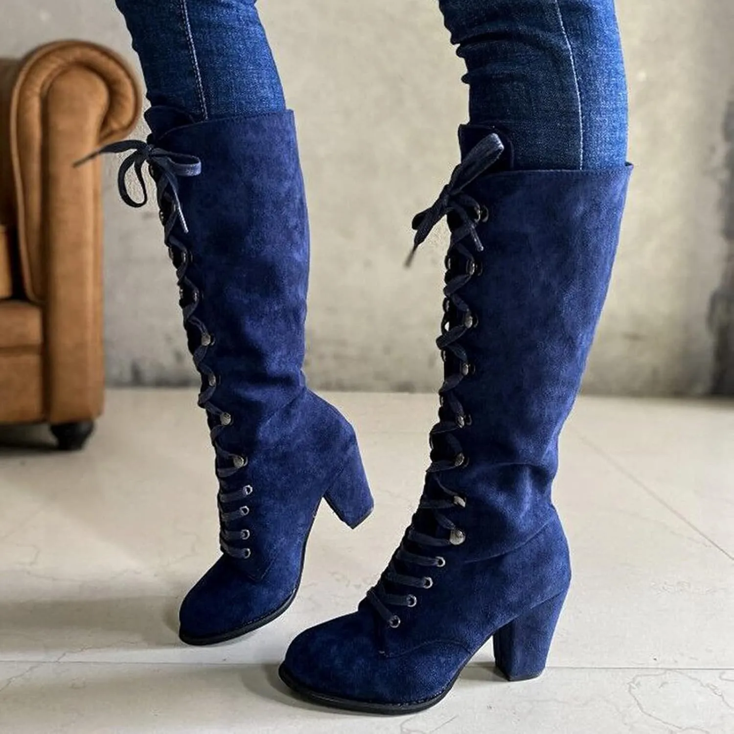 White Cowgirl Boots Retro Vintage Lace-Up Thigh High Boots Suede Low Chunky Heels Knee High Long Boots
