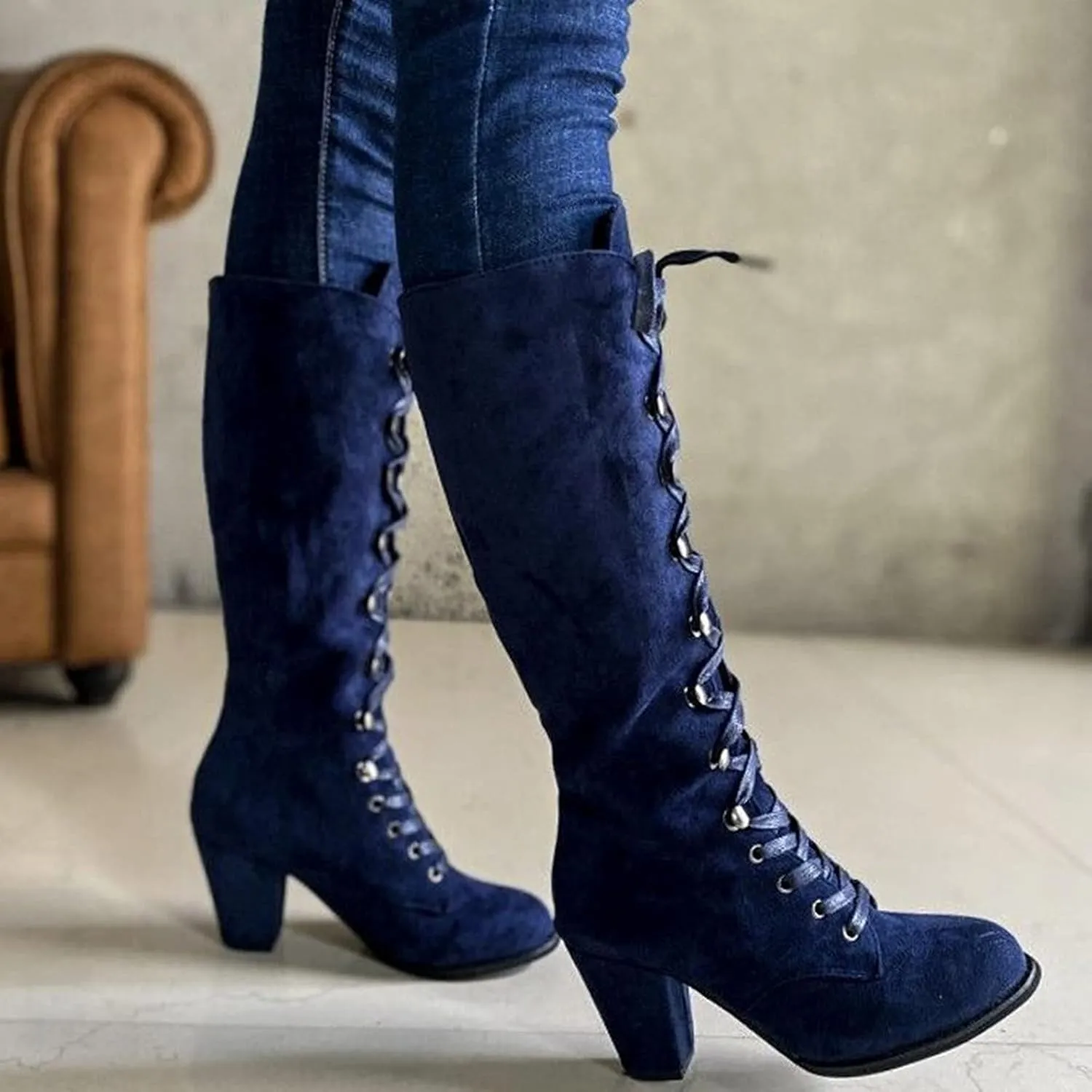 White Cowgirl Boots Retro Vintage Lace-Up Thigh High Boots Suede Low Chunky Heels Knee High Long Boots