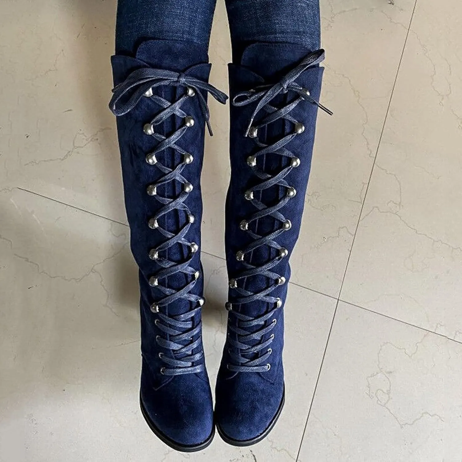 White Cowgirl Boots Retro Vintage Lace-Up Thigh High Boots Suede Low Chunky Heels Knee High Long Boots