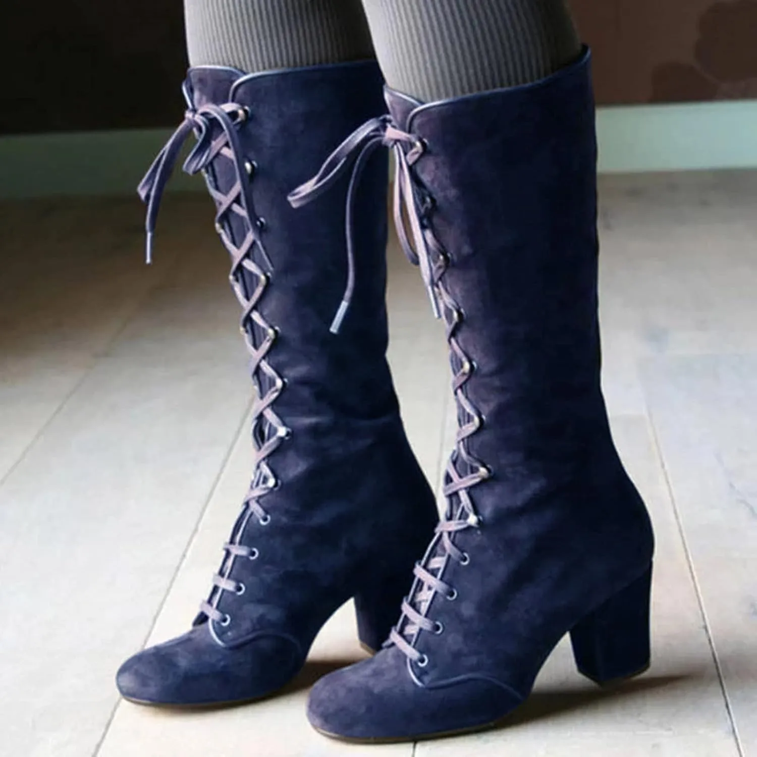 White Cowgirl Boots Retro Vintage Lace-Up Thigh High Boots Suede Low Chunky Heels Knee High Long Boots