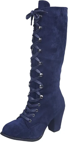 White Cowgirl Boots Retro Vintage Lace-Up Thigh High Boots Suede Low Chunky Heels Knee High Long Boots