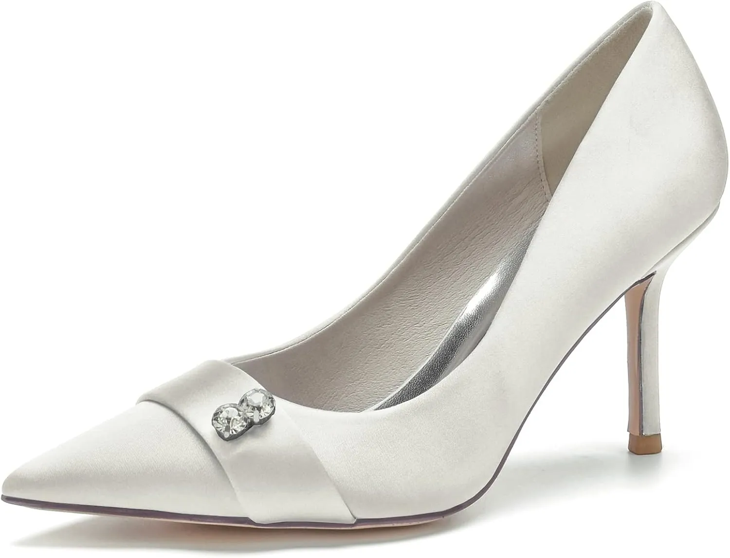 Women's Bridal Shoes Closed Toe 3.35" Stiletto Heel Lace Satin Pumps Evening Wedding Heels,Ivory,10