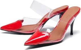 Women's Clear PVC Heeled Sandals Closed Pointed Toe Heart Cut Mules Transparent Slingback Pumps Summer Stiletto High Heels Party Prom Dress Shoes