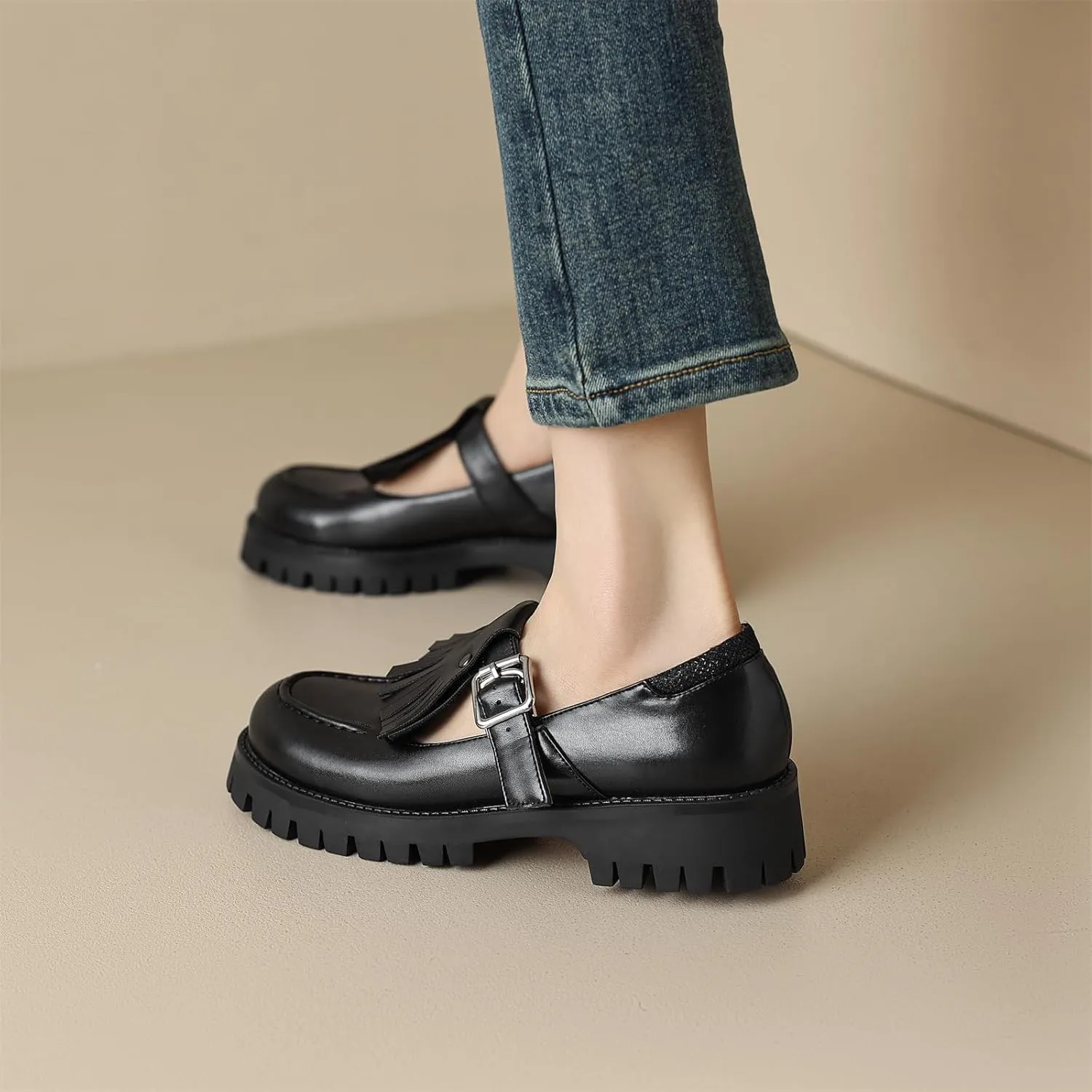 Women's Platform Tassels Round Closed Toe Pump Loafers Adjustable Buckle Comfortable Chunky Mid Heel Office Work Casual Fashion Business Dress Shoes All Weather Daily Wear Flats