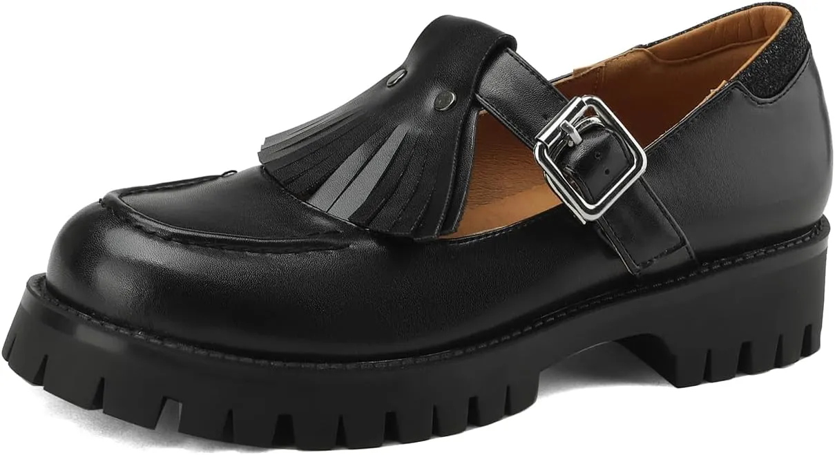 Women's Platform Tassels Round Closed Toe Pump Loafers Adjustable Buckle Comfortable Chunky Mid Heel Office Work Casual Fashion Business Dress Shoes All Weather Daily Wear Flats