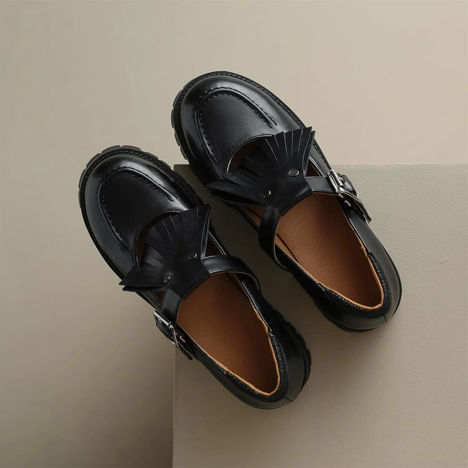 Women's Platform Tassels Round Closed Toe Pump Loafers Adjustable Buckle Comfortable Chunky Mid Heel Office Work Casual Fashion Business Dress Shoes All Weather Daily Wear Flats