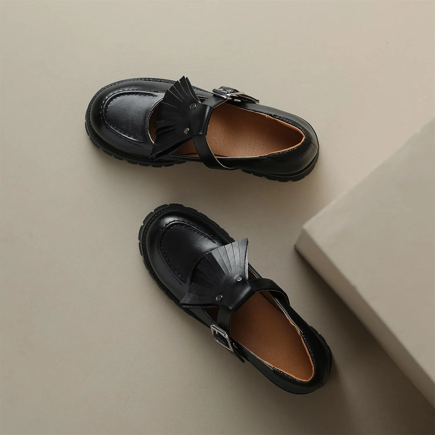 Women's Platform Tassels Round Closed Toe Pump Loafers Adjustable Buckle Comfortable Chunky Mid Heel Office Work Casual Fashion Business Dress Shoes All Weather Daily Wear Flats