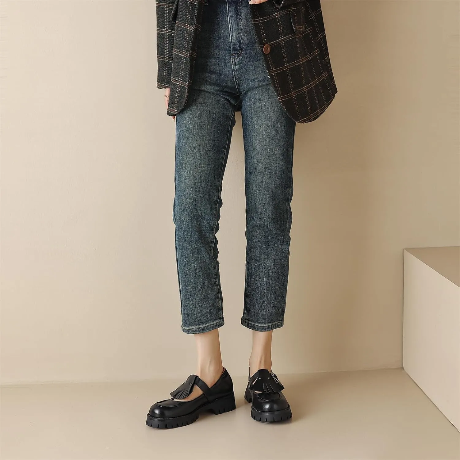 Women's Platform Tassels Round Closed Toe Pump Loafers Adjustable Buckle Comfortable Chunky Mid Heel Office Work Casual Fashion Business Dress Shoes All Weather Daily Wear Flats