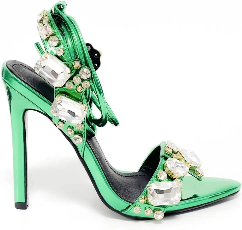 Womens Rhinestone Jewel Strappy Stiletto Heels Open Toe Sexy High Heeled Sandals Gold Heels for Women