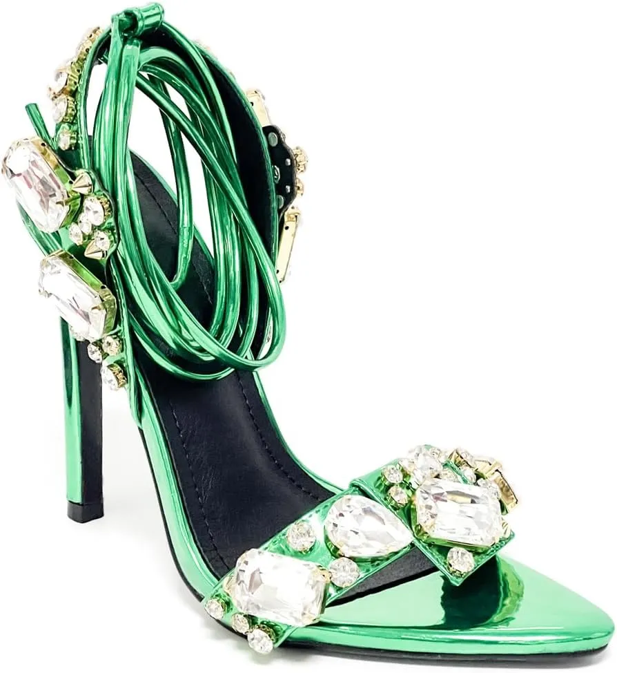 Womens Rhinestone Jewel Strappy Stiletto Heels Open Toe Sexy High Heeled Sandals Gold Heels for Women