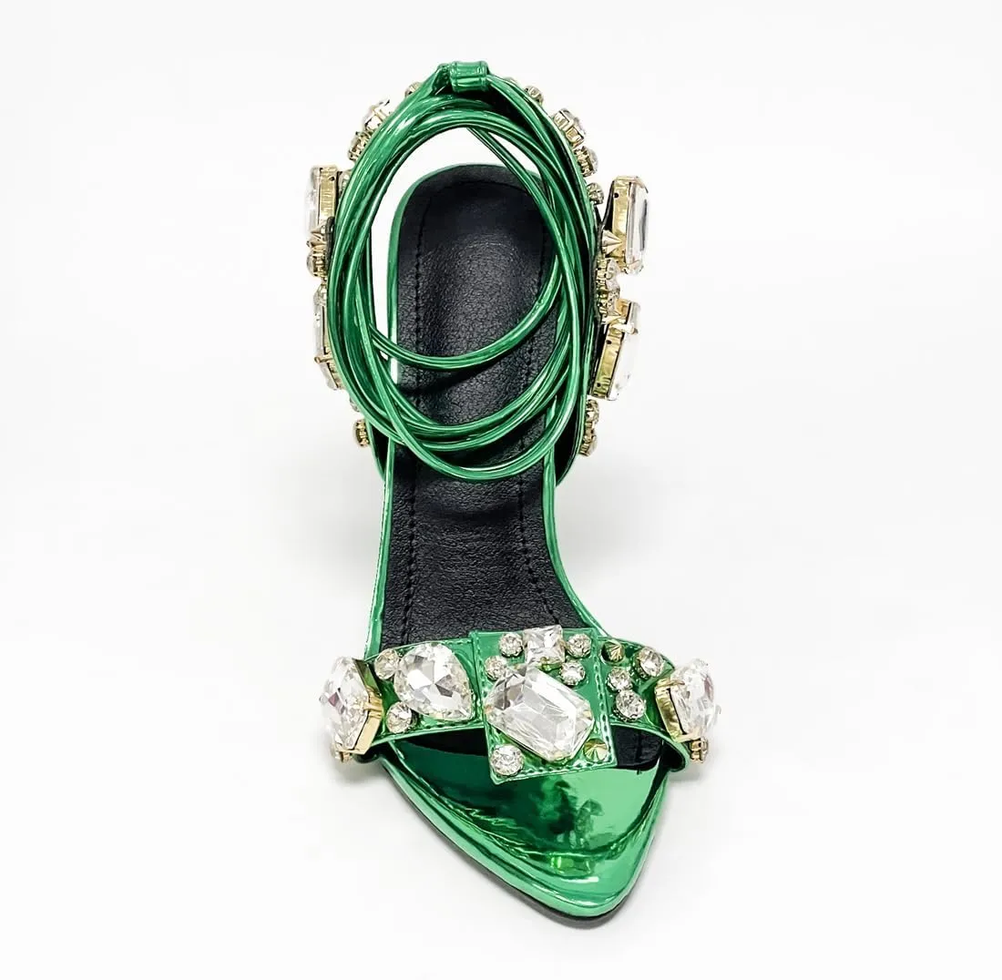 Womens Rhinestone Jewel Strappy Stiletto Heels Open Toe Sexy High Heeled Sandals Gold Heels for Women