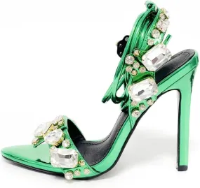 Womens Rhinestone Jewel Strappy Stiletto Heels Open Toe Sexy High Heeled Sandals Gold Heels for Women